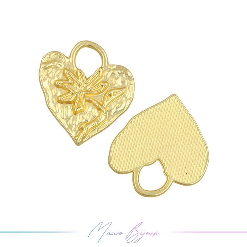 Ciondoli  in Zama Forma Cuore con Fiore Oro Opaco 17x19mm
