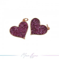 Charms in Brass with Strass Fuchsia Heart 16x19mm Rose Golg