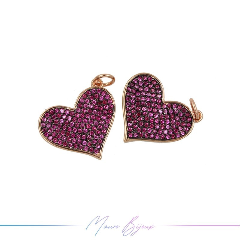 Ciondoli in Ottone con Strass Fucsia Cuore 16x19mm Oro Rosa