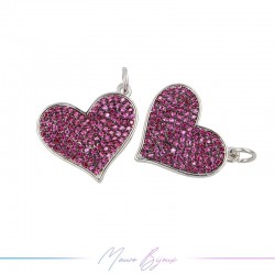 Ciondoli in Ottone con Strass Fucsia Cuore 16x19mm Argento