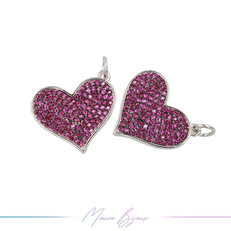 Charms in Brass with Strass Fuchsia Heart 16x19mm Silver