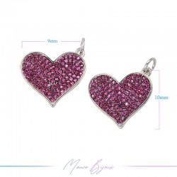 Charms in Brass with Strass Fuchsia Heart 16x19mm Silver