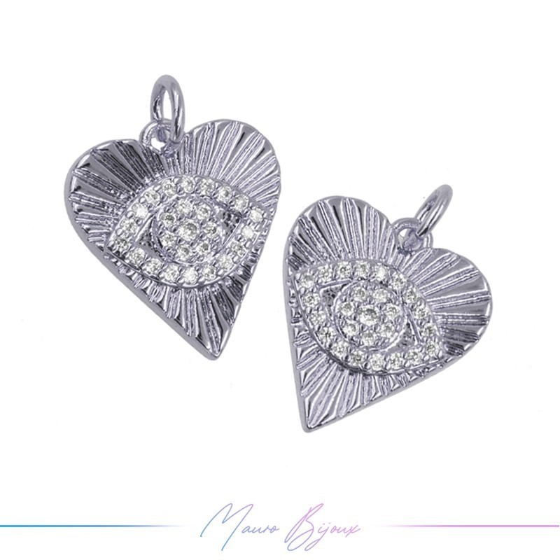 Ciondoli in Ottone Cuore con Occhio Strass 14x20mm Argento