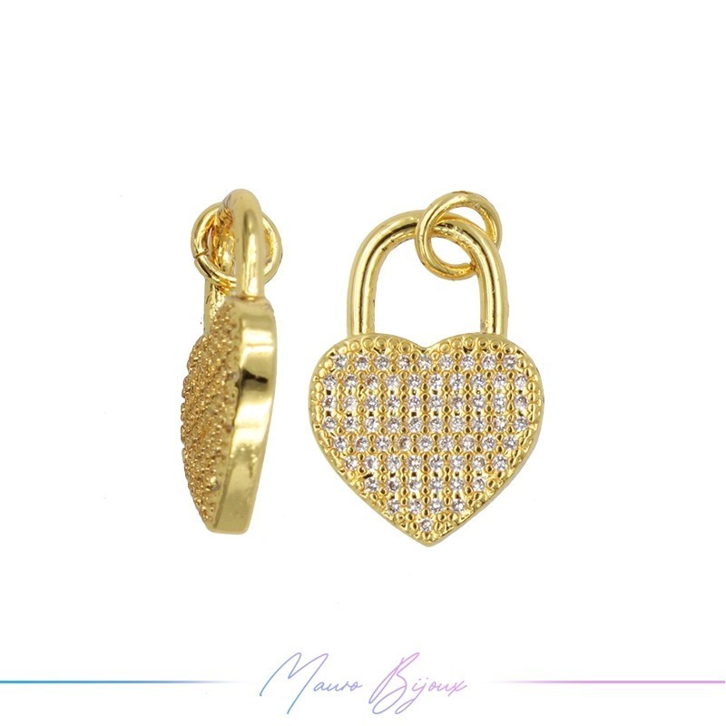 Ciondoli in Ottone Luchetto Cuore con Strass 13x18mm Oro