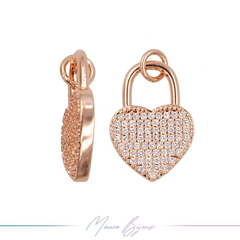 Ciondoli in Ottone Luchetto Cuore con Strass 13x18mm Oro Rosa
