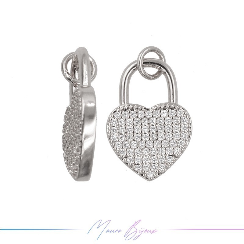 Charms in Brass Lock with Heart Strass 13x18mm Silver