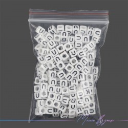 Plastic Cube Letter "U" Beads Black/White 6x6mm