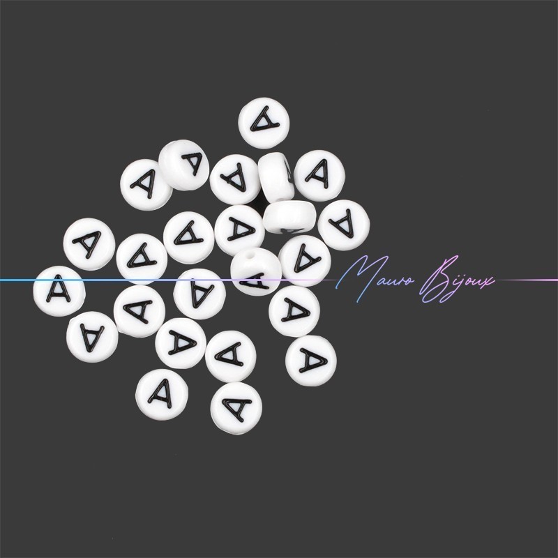 Plastic Round Letter "A" Beads Black/White 7mm