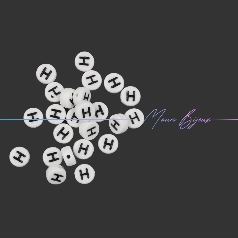Plastic Round Letter "H" Beads Black/White 7mm