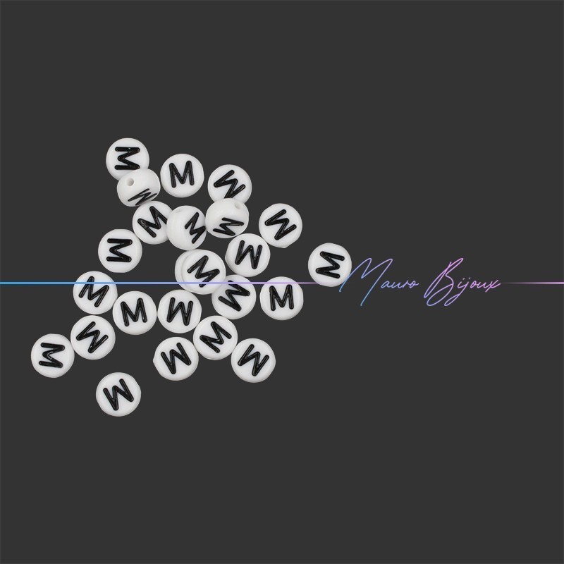 Plastic Round Letter "M" Beads Black/White 7mm