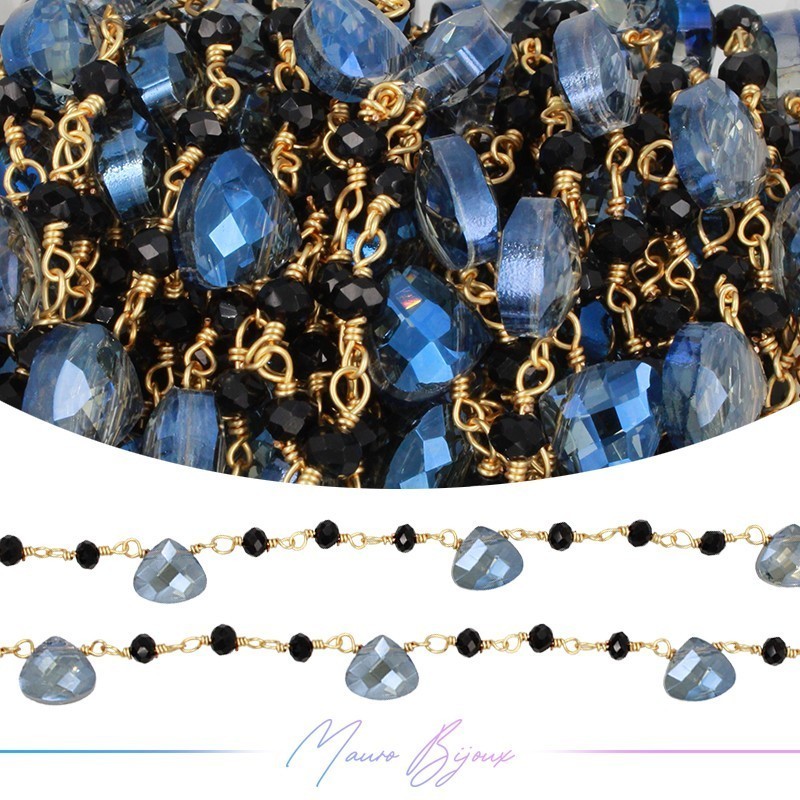 Catene in Ottone con Gocce in Cristallo di Vetro base Oro Blu/Nero