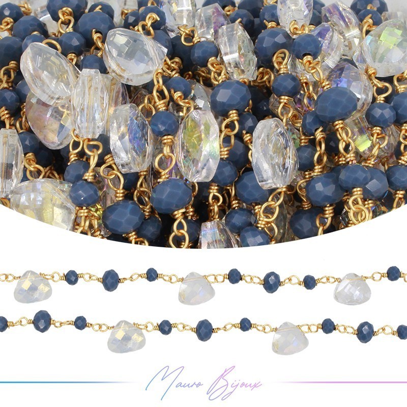Catene in Ottone con Gocce in Cristallo di Vetro base Oro Crystal/Blu Polvere