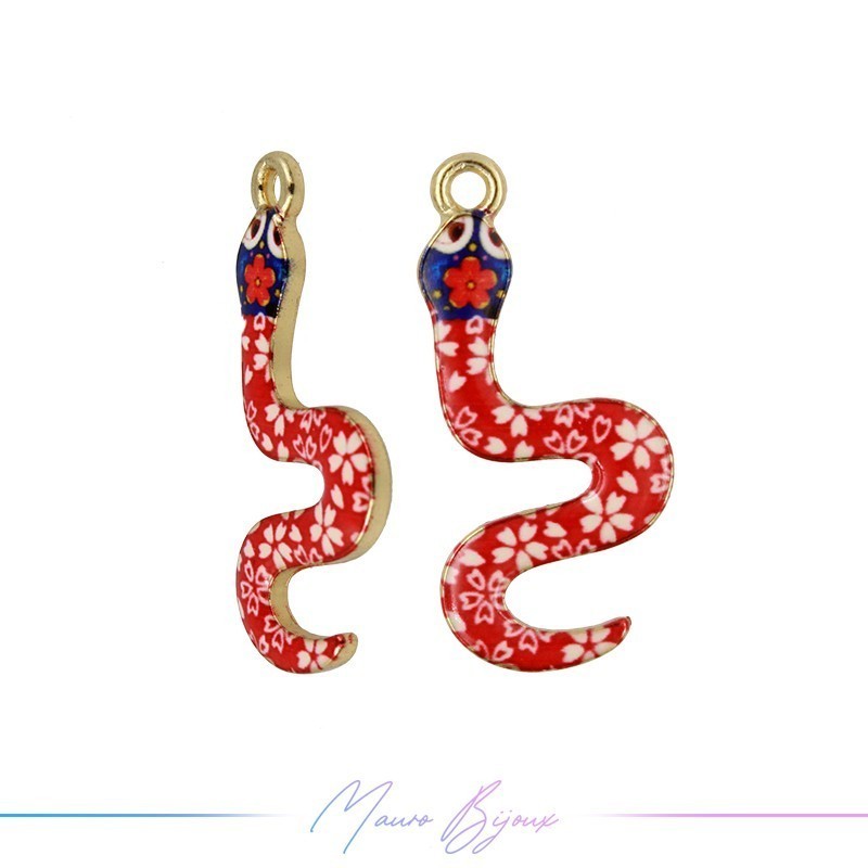 Ciondoli in Ottone Smaltati Serpente Rosso con Fiorellini 15x32mm