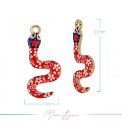 Charms brass Enameled Snake Red with Flowers 15x32mm