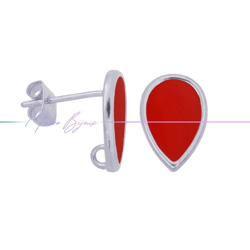 Earring enameled in Brass Silver Drop Red