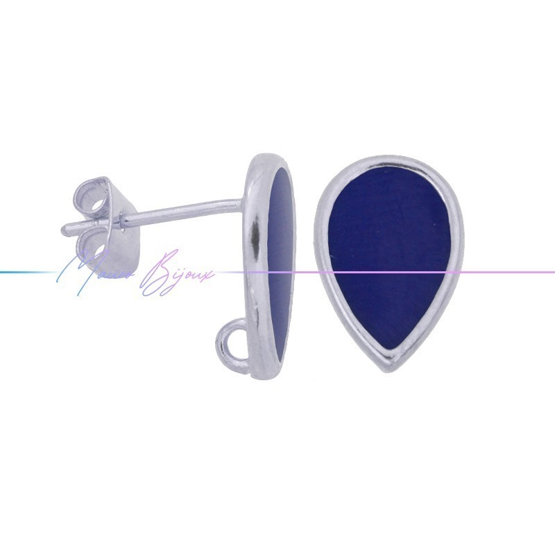 Earring enameled in Brass Silver Drop Blue