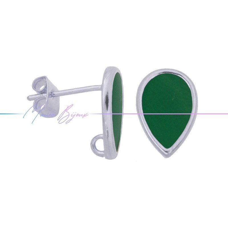 Earring enameled in Brass Silver Drop Green