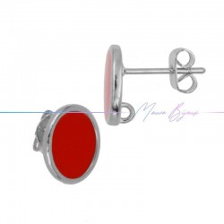 Earring enameled in Brass Silver Oval Red