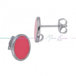 Earring enameled in Brass Silver Oval Fuchsia