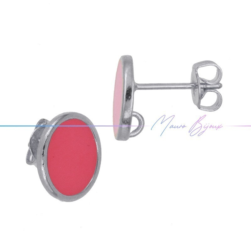 Earring enameled in Brass Silver Oval Fuchsia