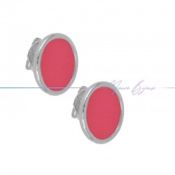 Earring enameled in Brass Silver Oval Fuchsia