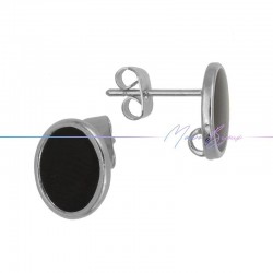 Earring enameled in Brass Silver Oval Black