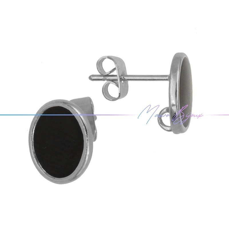 Earring enameled in Brass Silver Oval Black