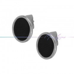 Earring enameled in Brass Silver Oval Black