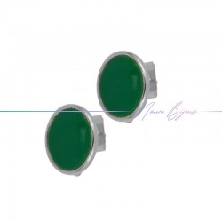 Earring enameled in Brass Silver Oval Green