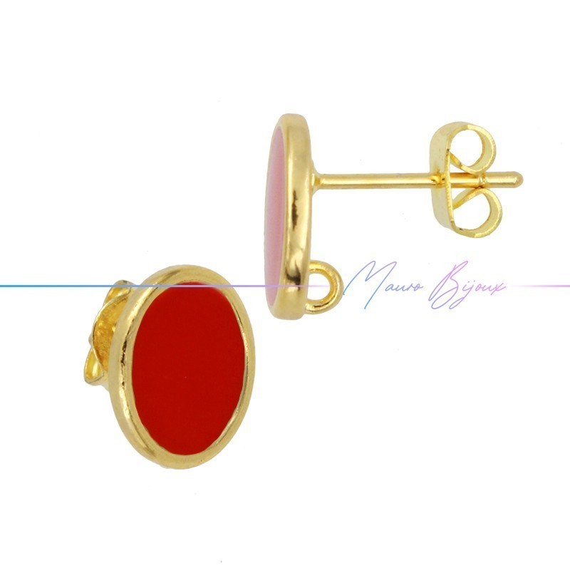 Earring enameled in Brass Gold Oval Red Earring enameled in Brass Gold Oval Red