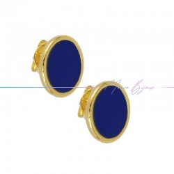 Earring enameled in Brass Gold Oval Blue