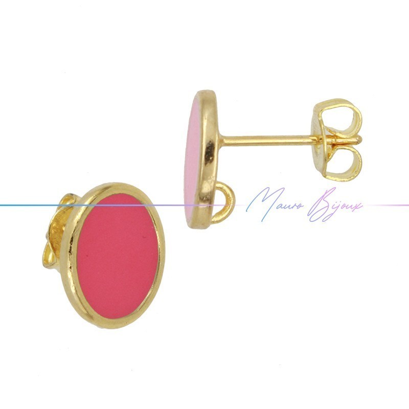 Earring enameled in Brass Gold Oval Fuchsia