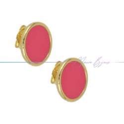 Earring enameled in Brass Gold Oval Fuchsia
