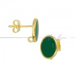 Earring enameled in Brass Gold Oval Green