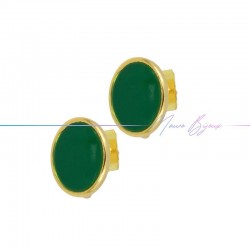 Earring enameled in Brass Gold Oval Green