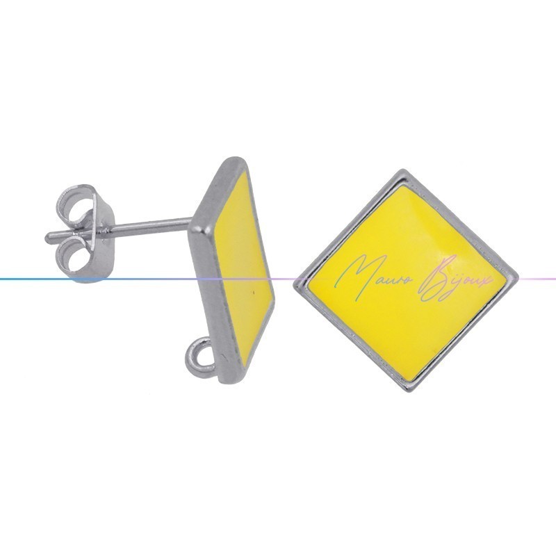Earring enameled in Brass Silver Rhombus Yellow