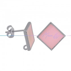 Earring enameled in Brass Silver Rhombus Pink