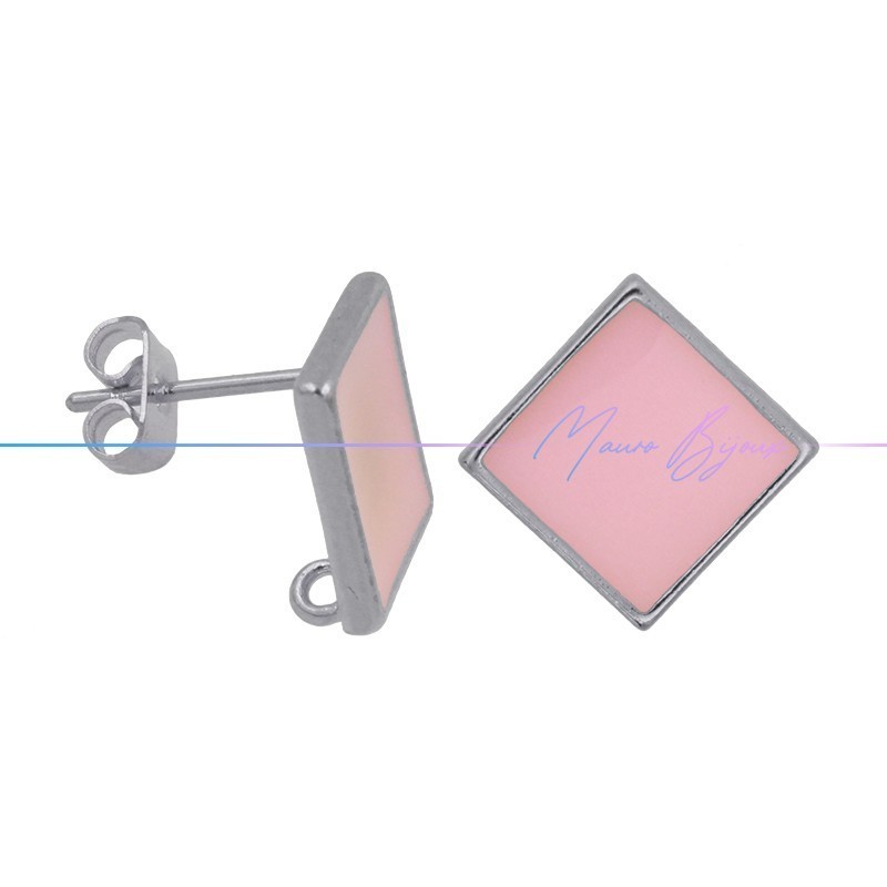Earring enameled in Brass Silver Rhombus Pink