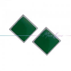 Earring enameled in Brass Silver Rhombus Green