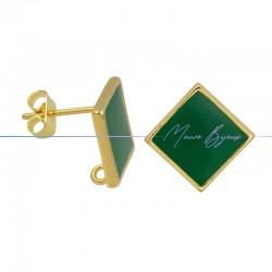 Earring enameled in Brass Gold Rhombus Green