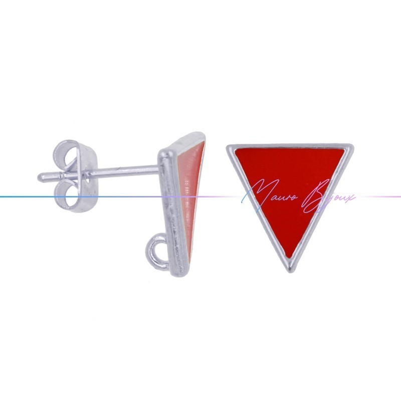 Earring enameled in Brass Silver Triangle Red