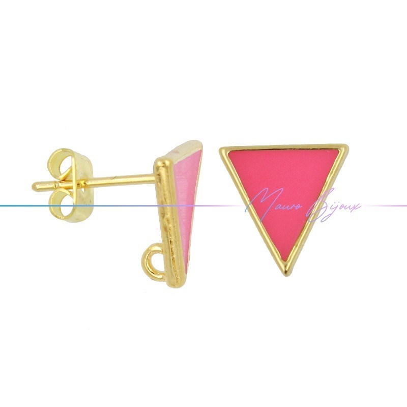 Earring enameled in Brass Gold Triangle Fuchsia