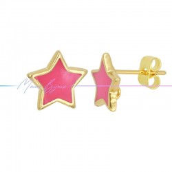 Earring enameled in Brass Gold Star Fuchsia