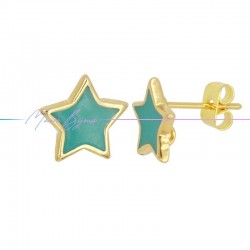 Earring enameled in Brass Gold Star Turquoise