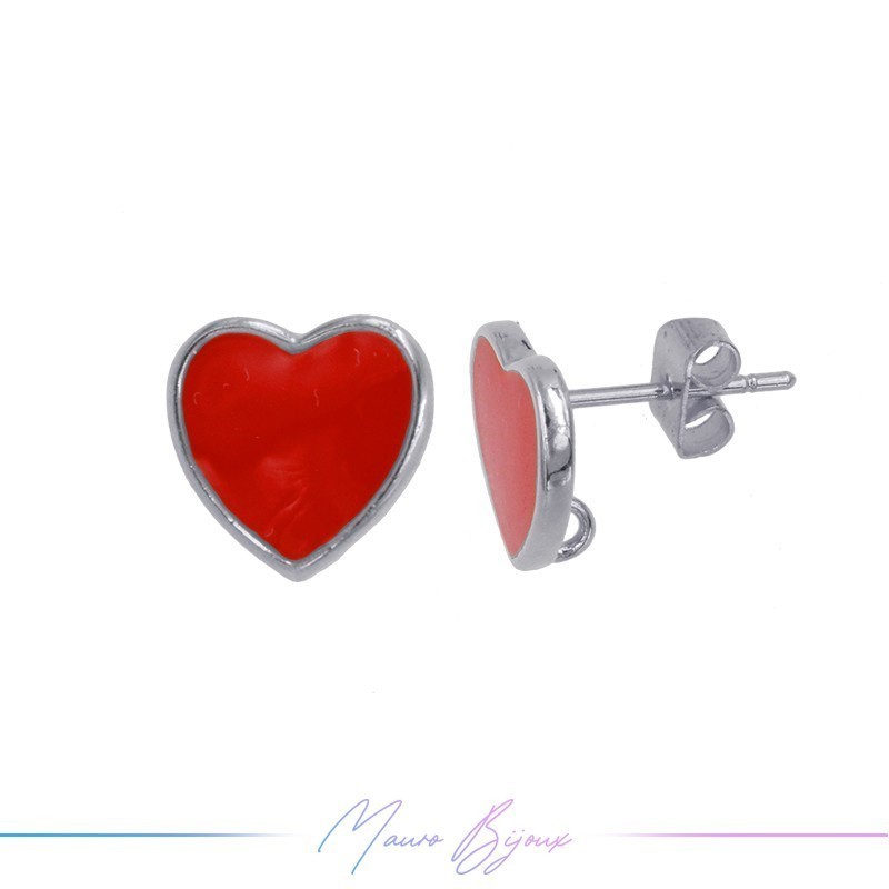 Earring enameled in Brass Silver Heart Red