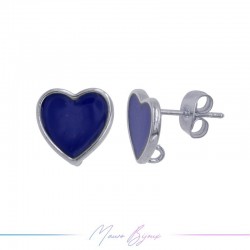 Earring enameled in Brass Silver Heart Blue