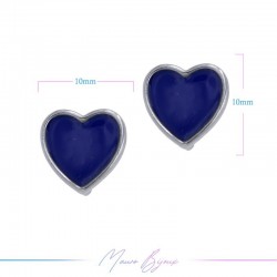Earring enameled in Brass Silver Heart Blue