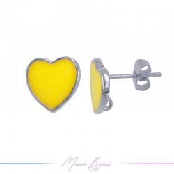 Earring enameled in Brass Silver Heart Yellow