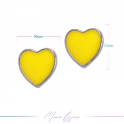 Earring enameled in Brass Silver Heart Yellow