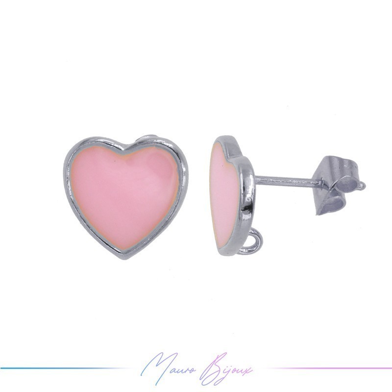 Earring enameled in Brass Silver Heart Pink